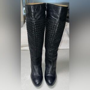 Robert Zur Black Woven Leather Knee High Heeled Boots